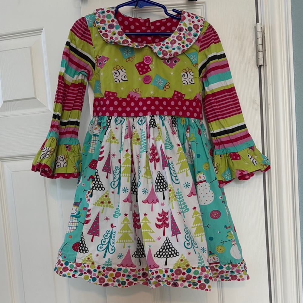 Jelly The Pug Pink and Green Christmas Present and Snowman Patterned Dress sz 6